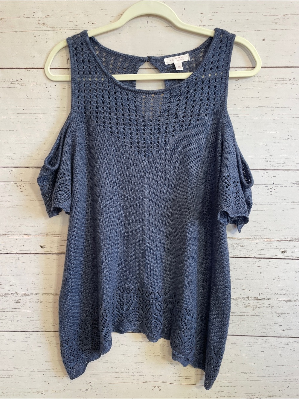 LC Lauren Conrad Blue Cold-Shoulder Crochet Knit Lightweight Sweater Top, sz XL